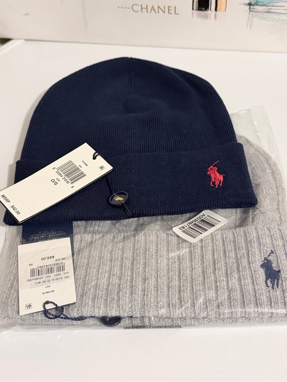 Signatue Ralph Lauren Cotton Knit Navy Beanie & Cashmere Gray Beanie